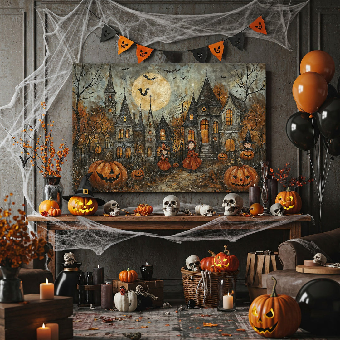 Framed Wall Art: Spooky Halloween scene with haunted houses, pumpkins, and witches. Warm orange and gray color palette. Perfect for fall decor!