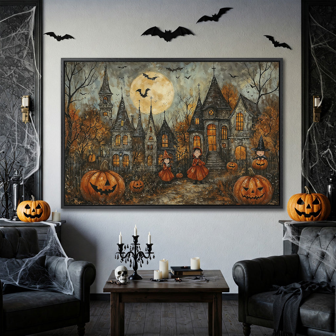 Framed Wall Art: Spooky Halloween scene with haunted houses, pumpkins, and kids in orange, perfect for seasonal decor.