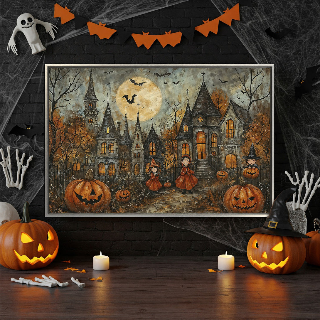 Framed Wall Art: Spooky Halloween scene with a haunted house, pumpkins, and kids. Warm orange and brown tones create a festive, autumnal vibe. Perfect for fall decor!