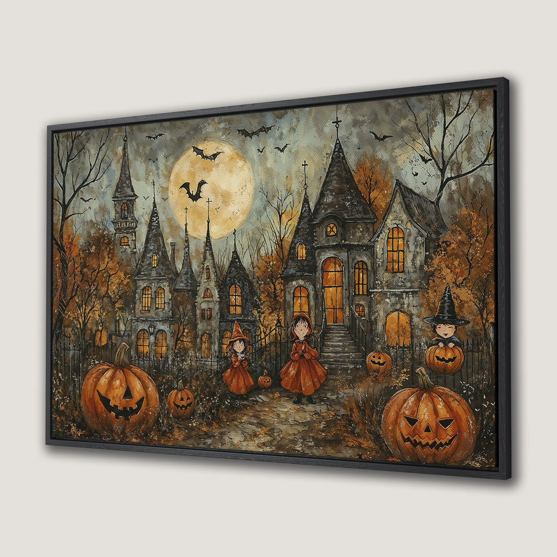 Framed Wall Art: Spooky Halloween scene with haunted house, pumpkins, and kids. Warm orange and grey color palette. Perfect for seasonal decor.