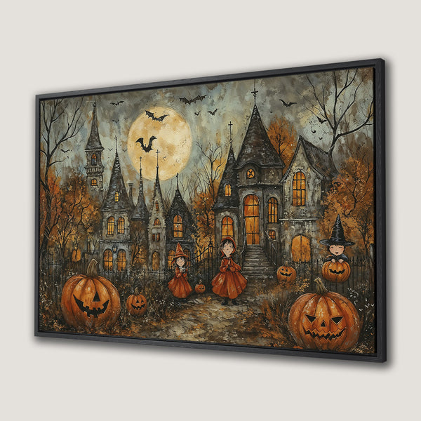 Framed Wall Art: Spooky Halloween scene with haunted house, pumpkins, and kids. Warm orange and grey color palette. Perfect for seasonal decor.