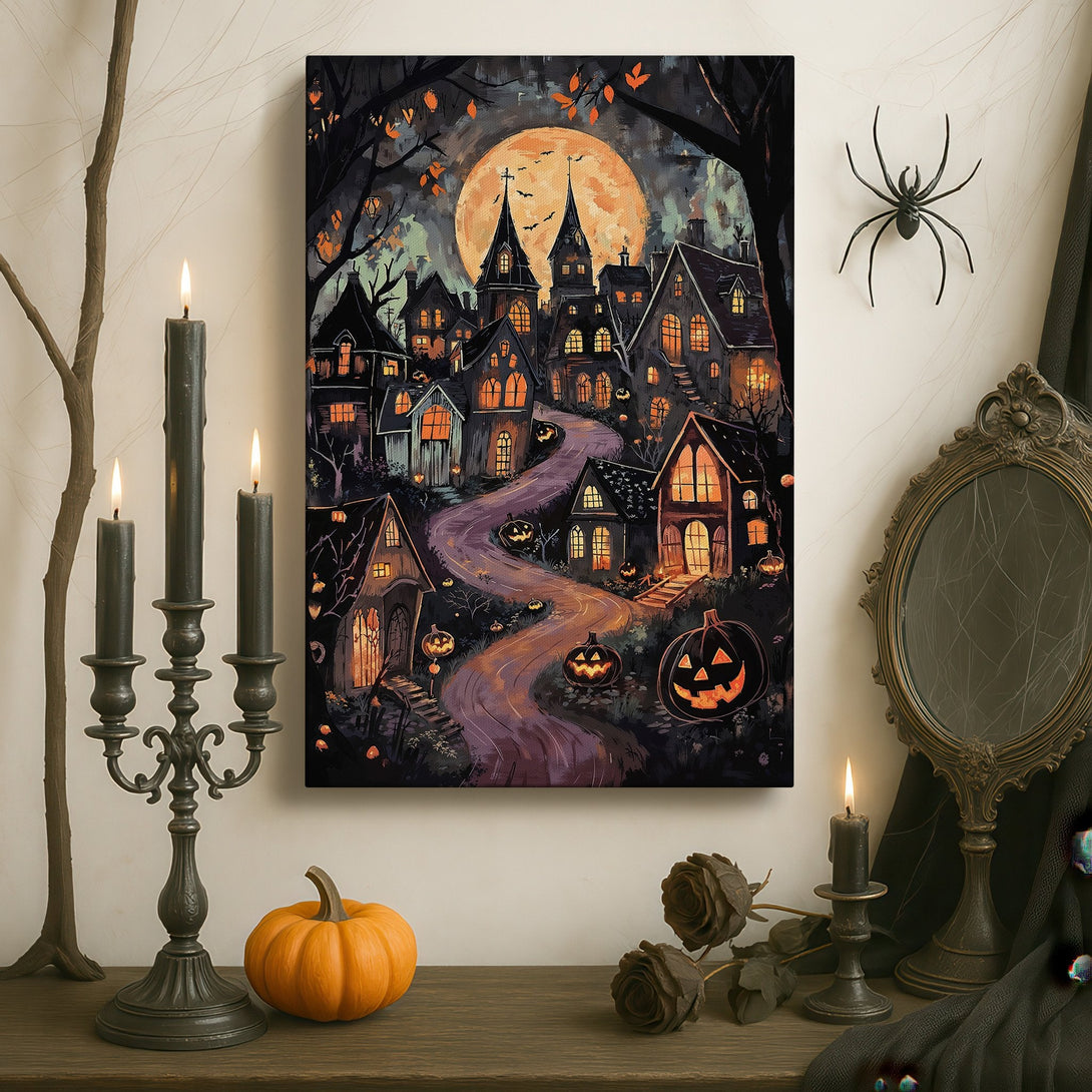 Framed Wall Art: Spooky Halloween town canvas print in a dark, moody color palette. Perfect for adding a touch of gothic charm to your home decor.