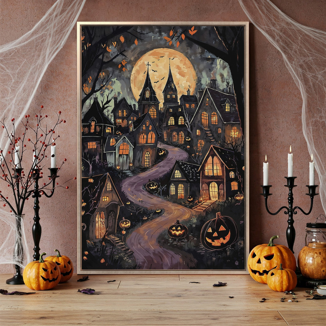 Framed Wall Art: Spooky Halloween town scene in a warm, autumnal color palette. Perfect for adding a touch of eerie charm to your home decor.