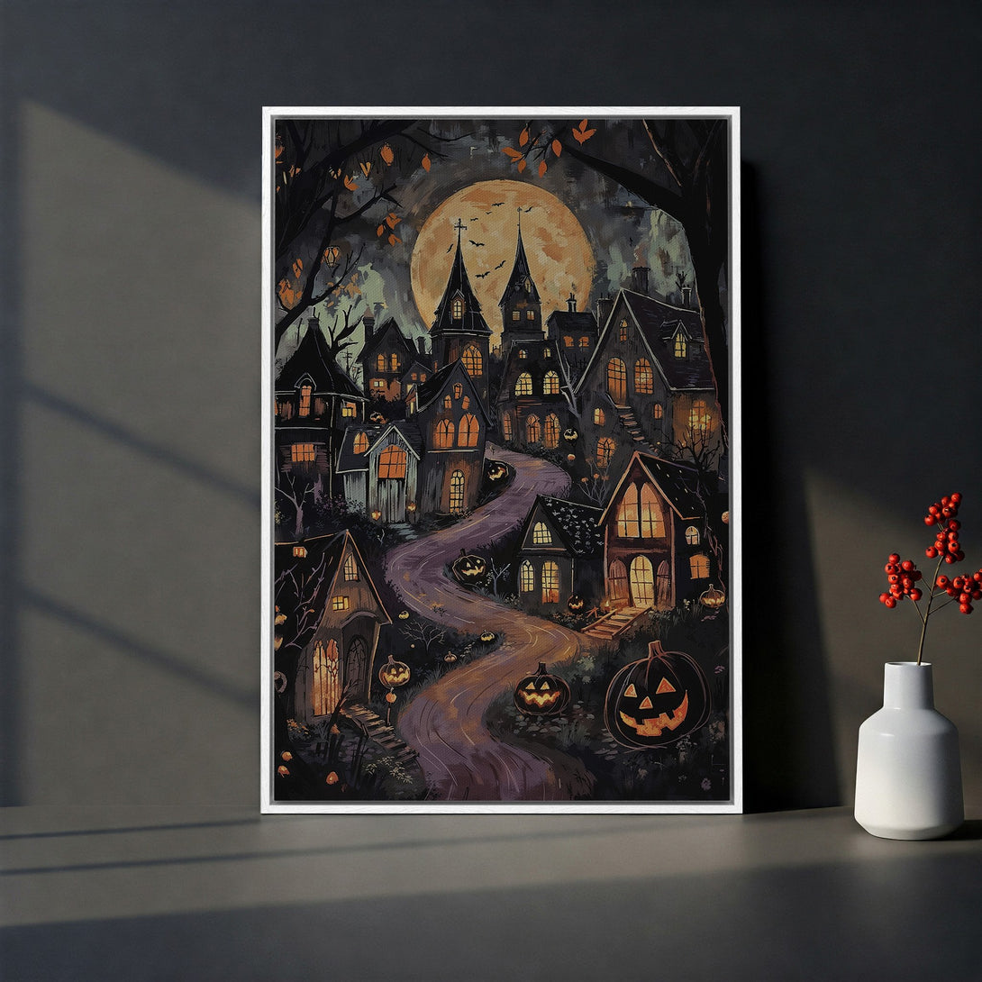 Framed Wall Art: Spooky Halloween town illustration with a full moon. Dark, moody color palette. Perfect for fall decor!