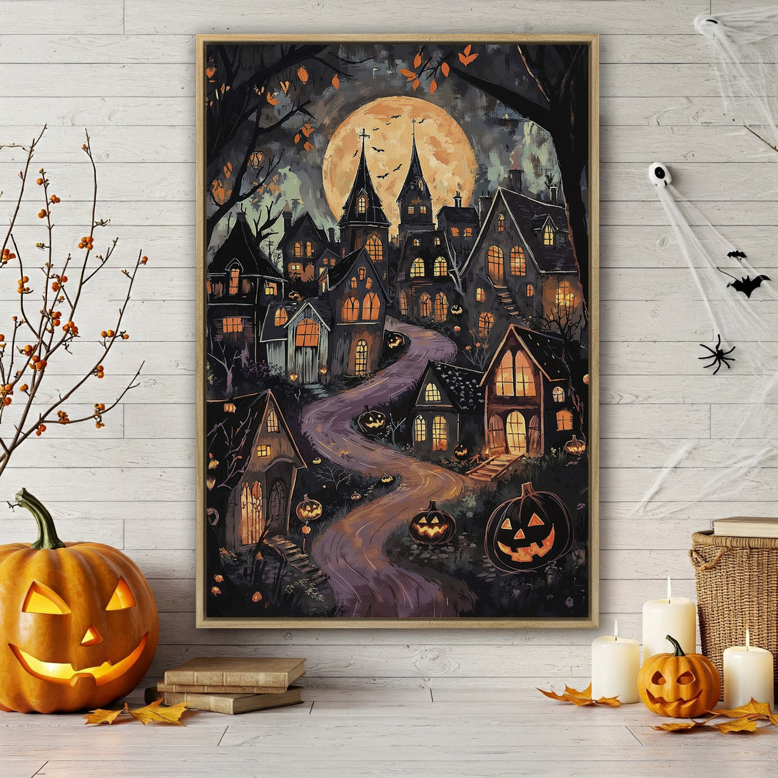 Framed Wall Art: Spooky Halloween town illustration with a full moon, in a dark, warm color palette. Perfect for seasonal home decor!