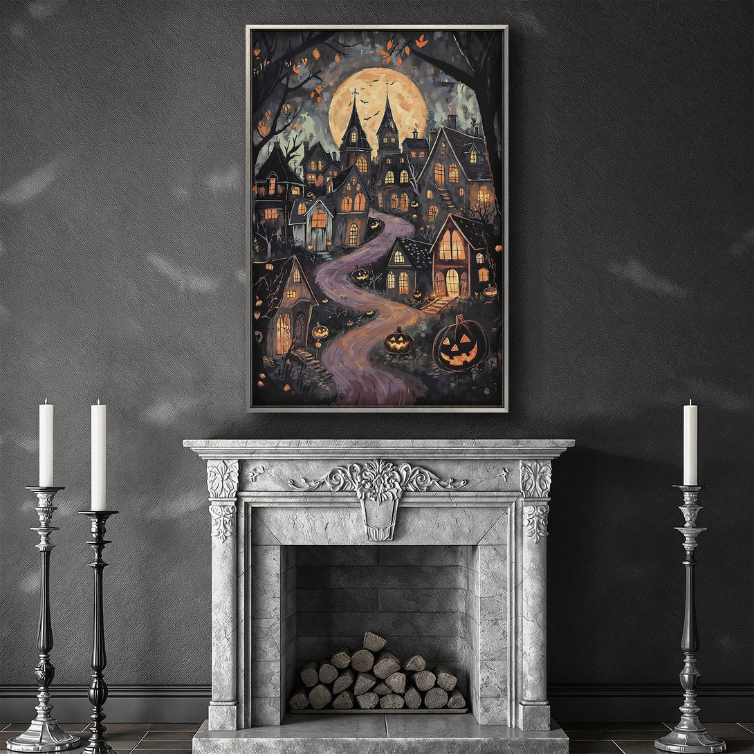 Framed Wall Art: Spooky Halloween town scene in a watercolor style. Features a full moon, dark color palette, and pumpkins. Perfect fall decor.
