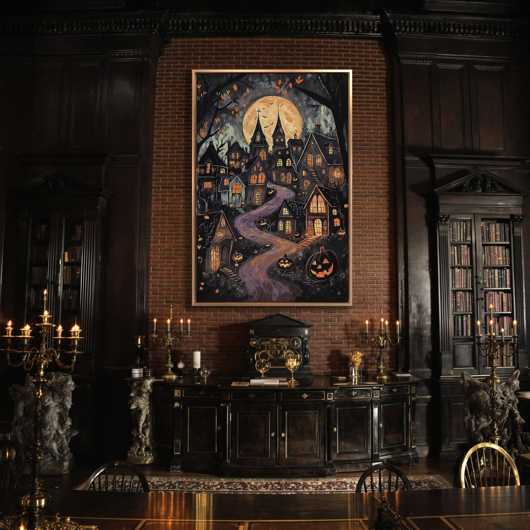 Framed Wall Art: Spooky Halloween town scene with a full moon, painted in a dark, moody palette. Perfect for adding a touch of eerie charm to your home.