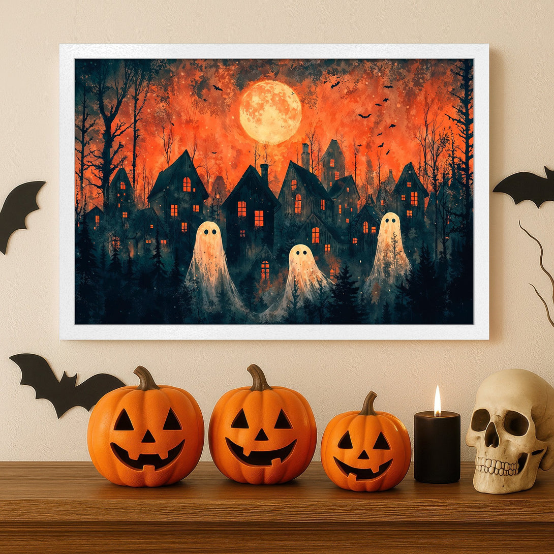 Framed Poster featuring a spooky Halloween scene with ghosts, houses, and an orange and black color palette. Perfect fall decor!