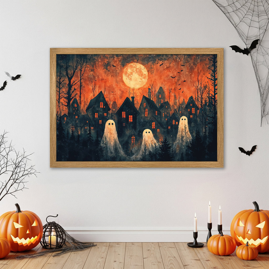 Framed Poster featuring a spooky Halloween scene with ghosts, houses, and a full moon. Dark, moody style with orange and black palette.