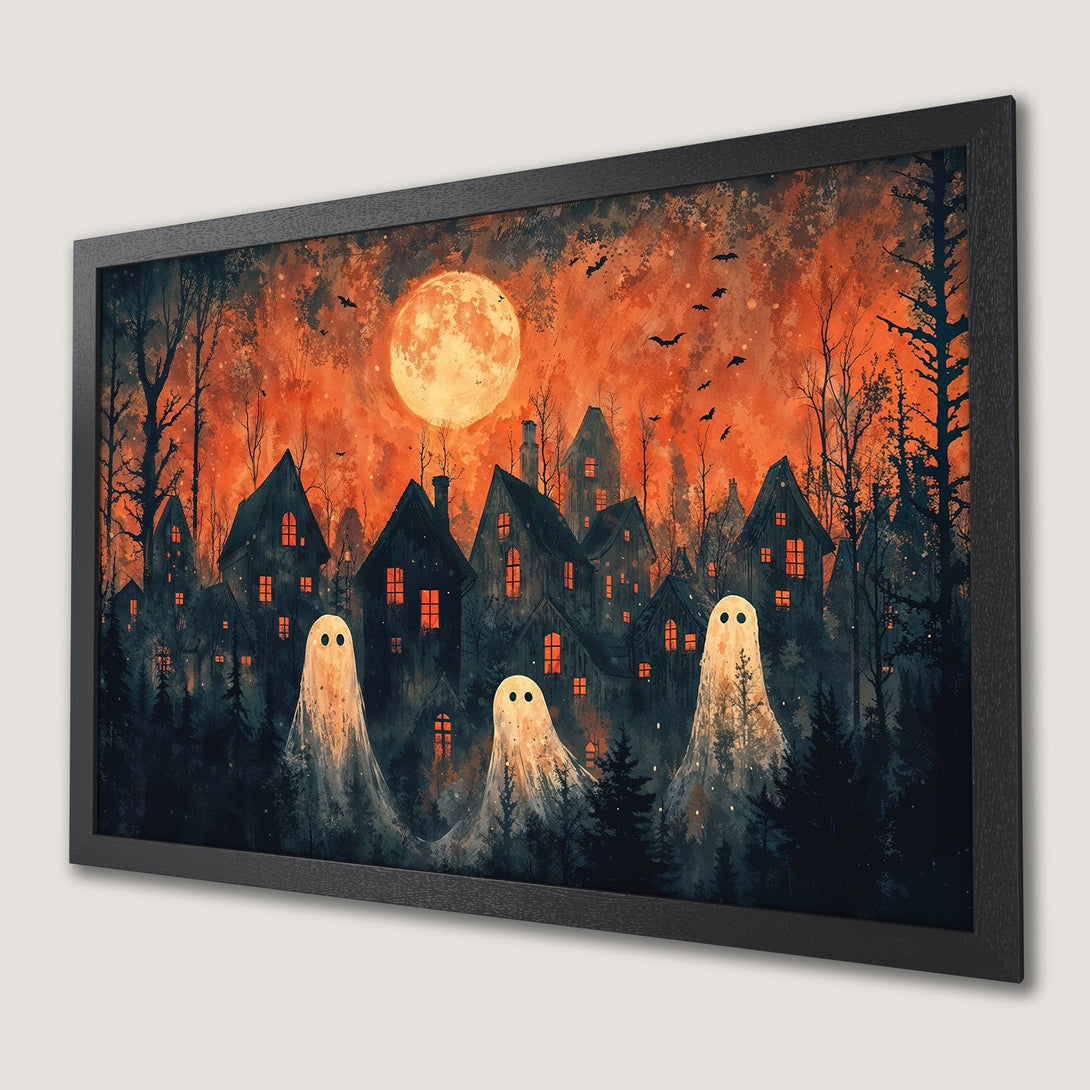 Framed Poster featuring a spooky Halloween scene with ghosts, houses, and a vibrant orange sky. Artistic style with a dark, moody color palette.