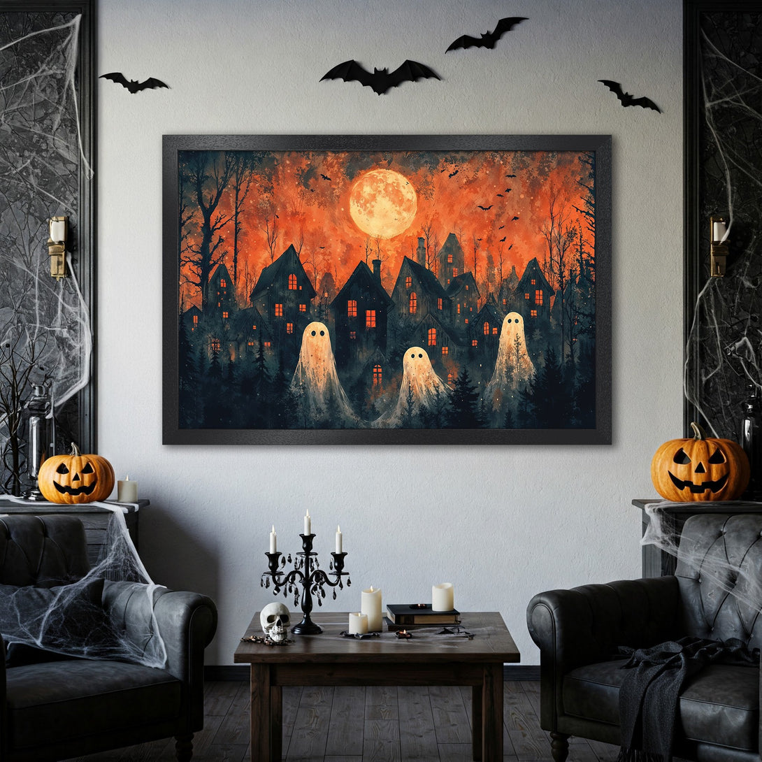 Framed Poster featuring a spooky Halloween scene with ghosts, houses, and a full moon. Orange and black color palette, perfect for seasonal decor.