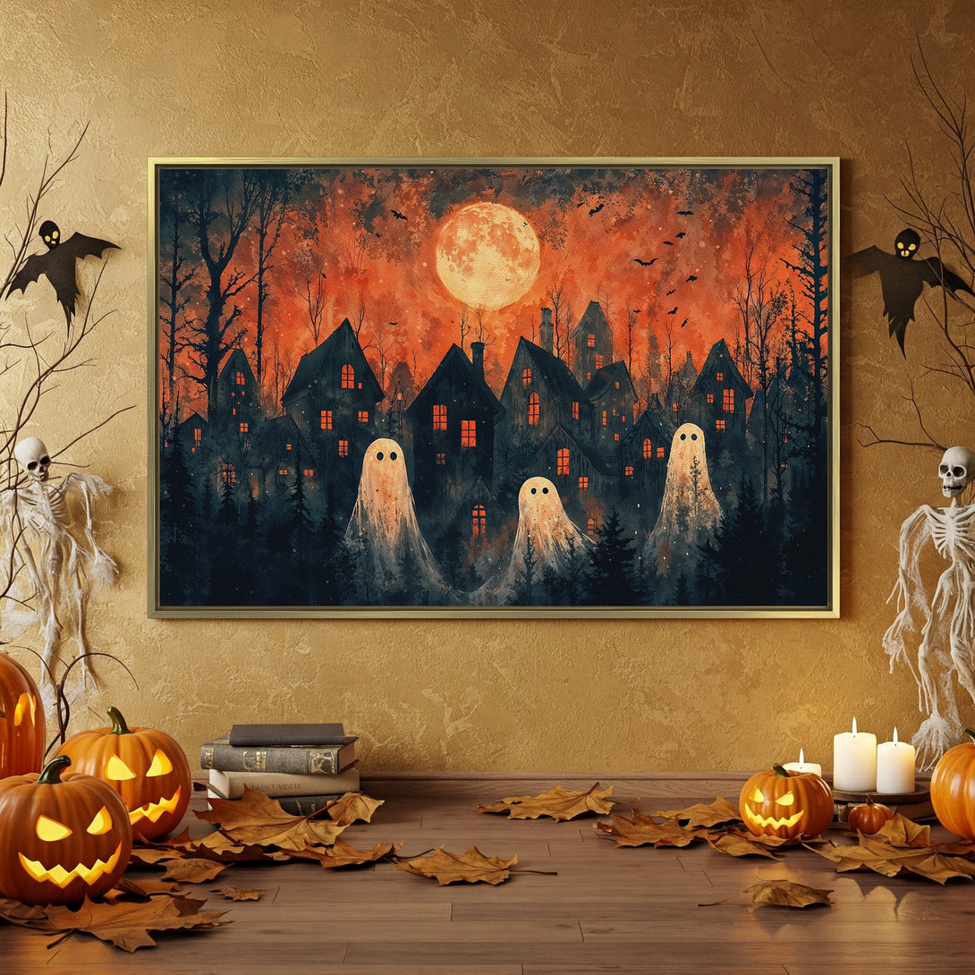 Halloween Canvas Print featuring a spooky village scene in orange and black, perfect for seasonal decor.