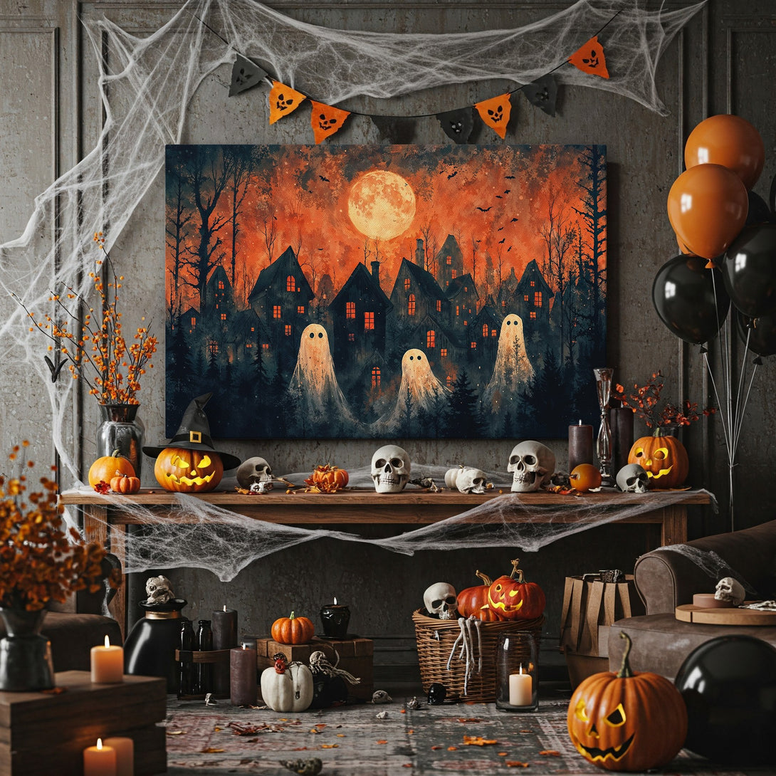 Framed Wall Art: Spooky Halloween scene with ghosts, houses, and a full moon. Dark, moody color palette. Perfect for seasonal decor.