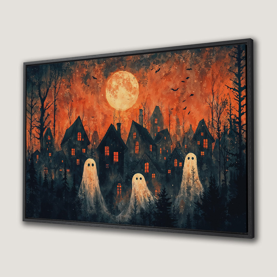 Framed Wall Art: Spooky Halloween scene with ghosts, houses, and a full moon. Dark, moody art with orange, black, and white color palette. Perfect for Halloween decor.