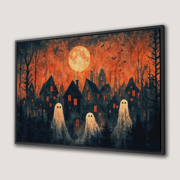 Framed Wall Art: Spooky Halloween scene with ghosts, houses, and a full moon. Dark, moody art with orange, black, and white color palette. Perfect for Halloween decor.