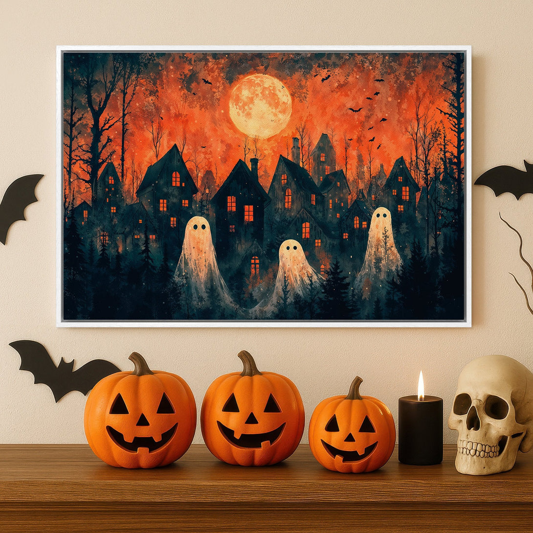 Framed Wall Art: Spooky Halloween scene with ghosts, houses, and a full moon in a vibrant orange and dark blue palette. Perfect for Halloween decor!