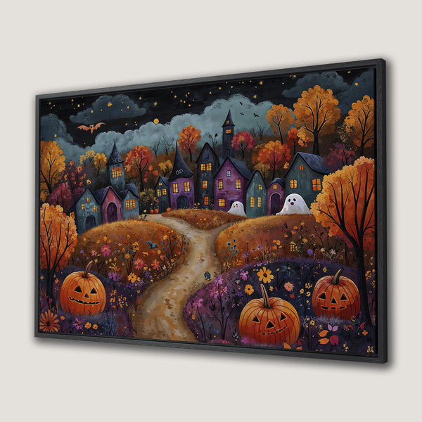 Framed Wall Art: Whimsical Halloween town scene with pumpkins, ghosts, and colorful autumn trees. Perfect for fall decor! Warm orange, purple, and black palette.