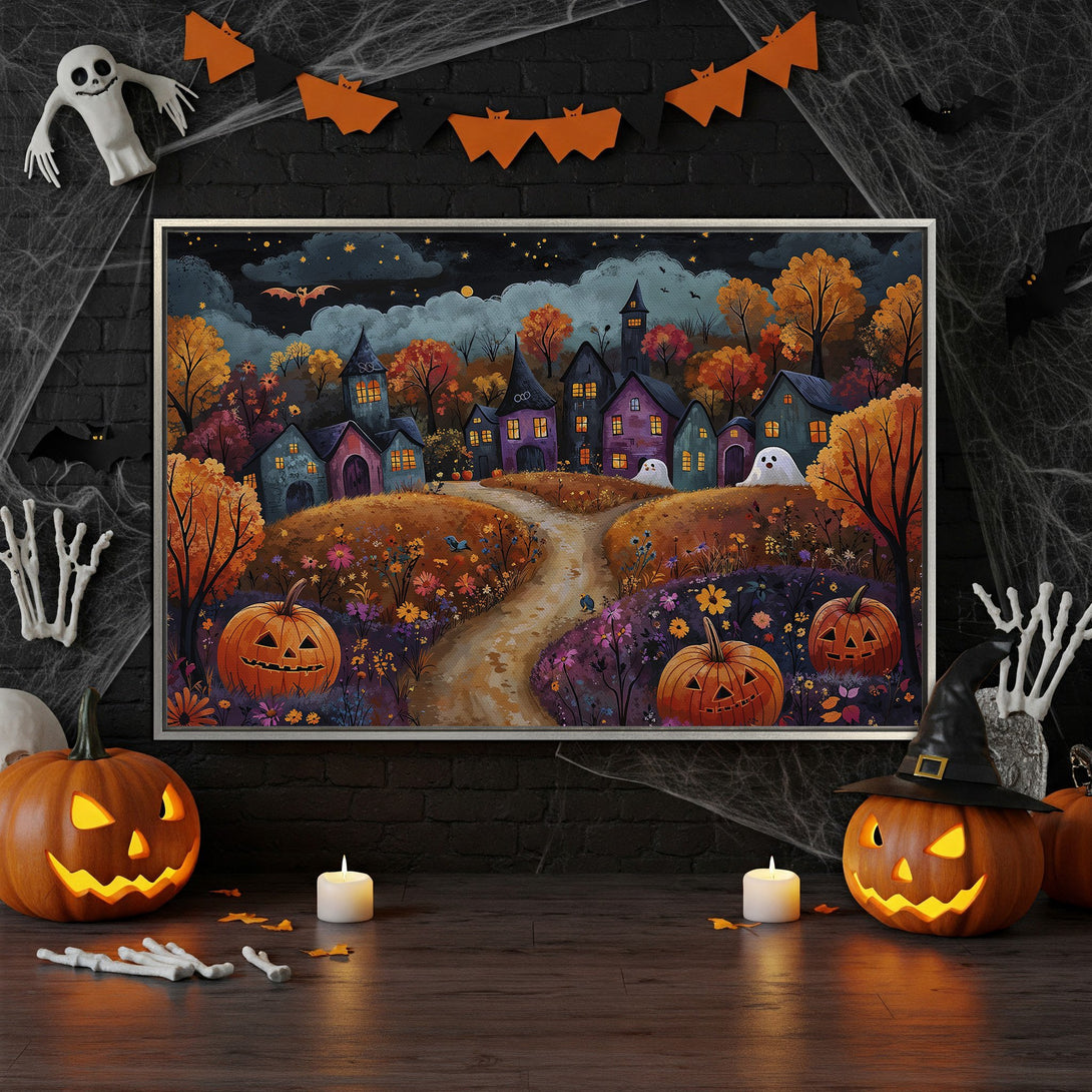 Framed Wall Art: Spooky Halloween village scene in warm autumn colors. Perfect for festive home decor! Canvas Print available.
