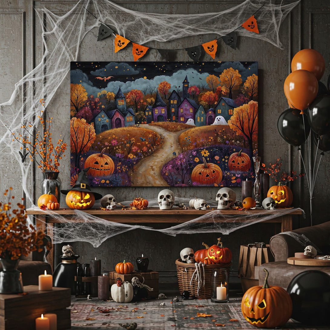 Framed Wall Art: Spooky Halloween village scene in warm autumn colors. Perfect fall decor! Canvas Print featuring pumpkins, ghosts, and bats.