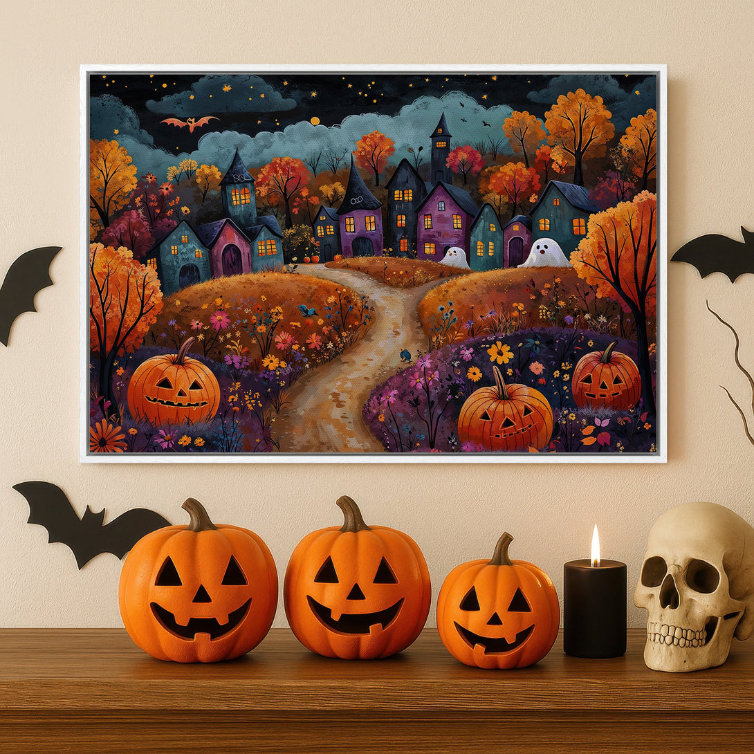 Framed Wall Art: Spooky Halloween scene with orange, purple, and teal color palette. Features a whimsical village, pumpkins, and ghosts. Perfect fall decor!