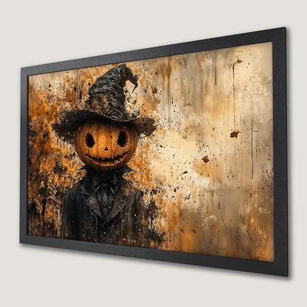 Framed Poster featuring a spooky pumpkin-headed figure in a black coat. Abstract art style with an orange and brown color palette. Perfect Halloween decor!
