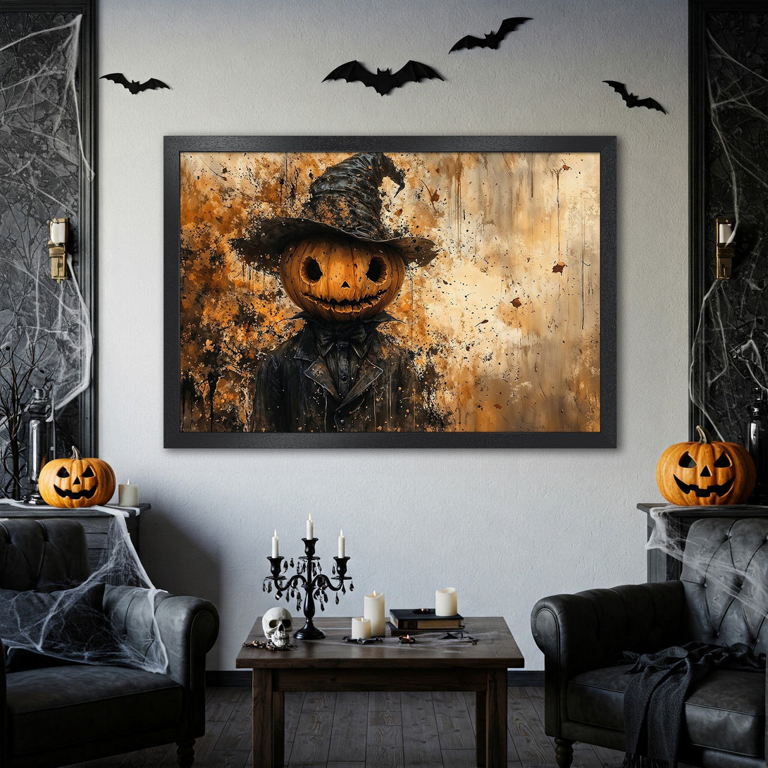 Framed Poster featuring a spooky pumpkin head in a black frame. Halloween art with orange, black, and brown color palette. Perfect Halloween decor!