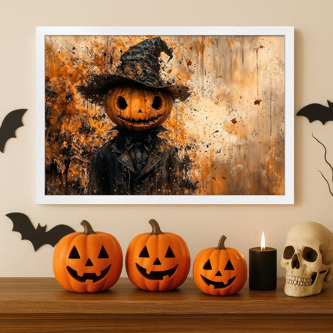 Framed Poster featuring a spooky pumpkin-headed figure in a grunge style, orange and black color palette, perfect for Halloween decor.