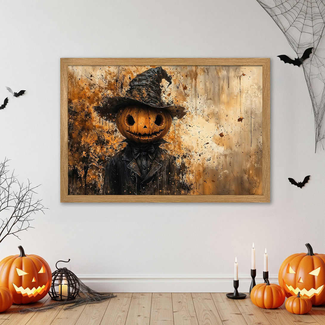 Framed Poster featuring a spooky pumpkin man in a black coat. Artistic style with orange, brown, and black color palette. Perfect Halloween decor!