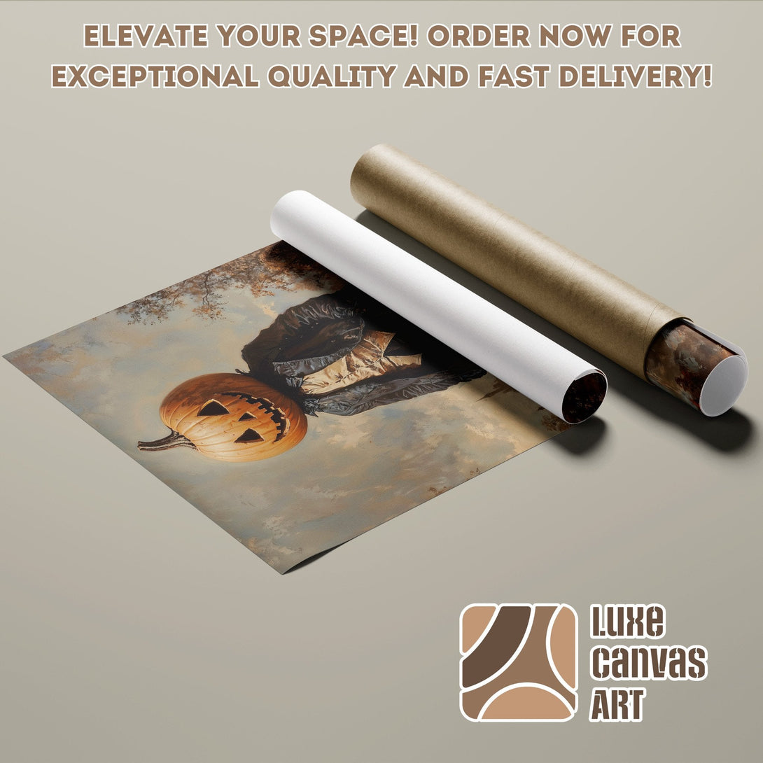 Poster Roll featuring a vintage Halloween pumpkin art print, neutral color palette. Elevate your space!