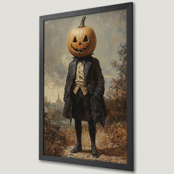 Framed Poster featuring a spooky figure with a pumpkin head, painted in a vintage style with a warm, autumnal color palette. Perfect Halloween decor!