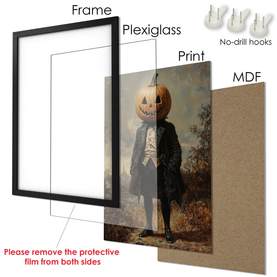 Framed Poster featuring a spooky figure with a pumpkin head, painted in a vintage style with a warm, earthy color palette. Perfect Halloween decor!