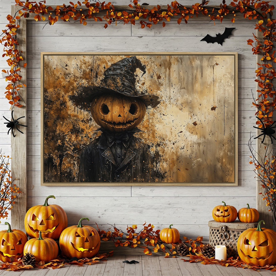 Framed Wall Art: Spooky Halloween pumpkin head art in warm orange and brown tones. Perfect fall decor!