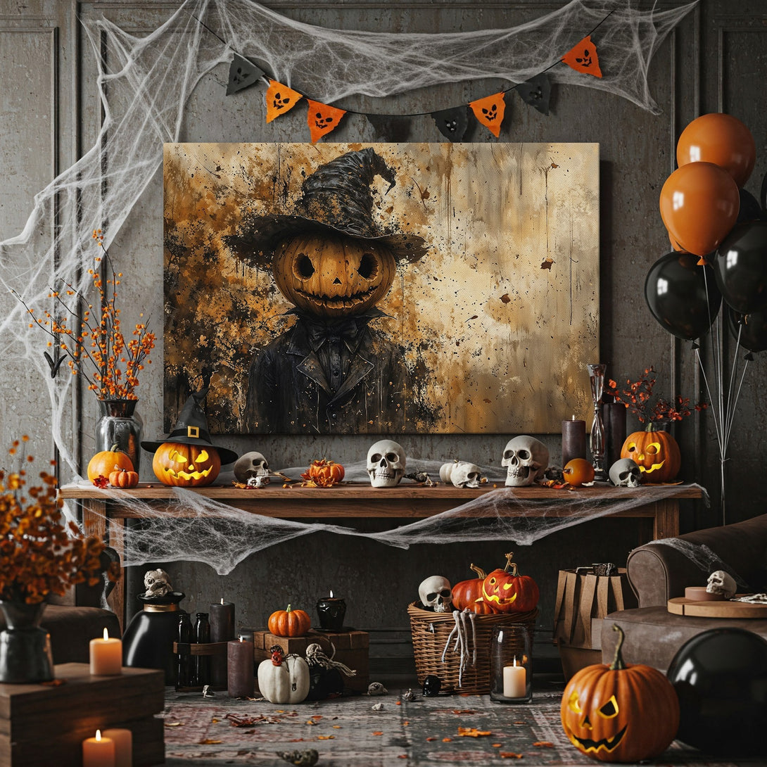 Framed Wall Art: Spooky Halloween pumpkin head art in warm orange and black tones. Perfect for fall decor!