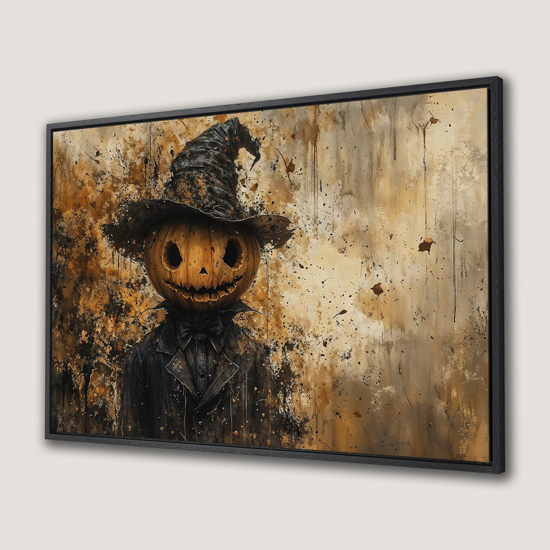 Framed Wall Art: Spooky pumpkin head in a black coat, grunge style, warm brown and black color palette. Perfect Halloween decor!