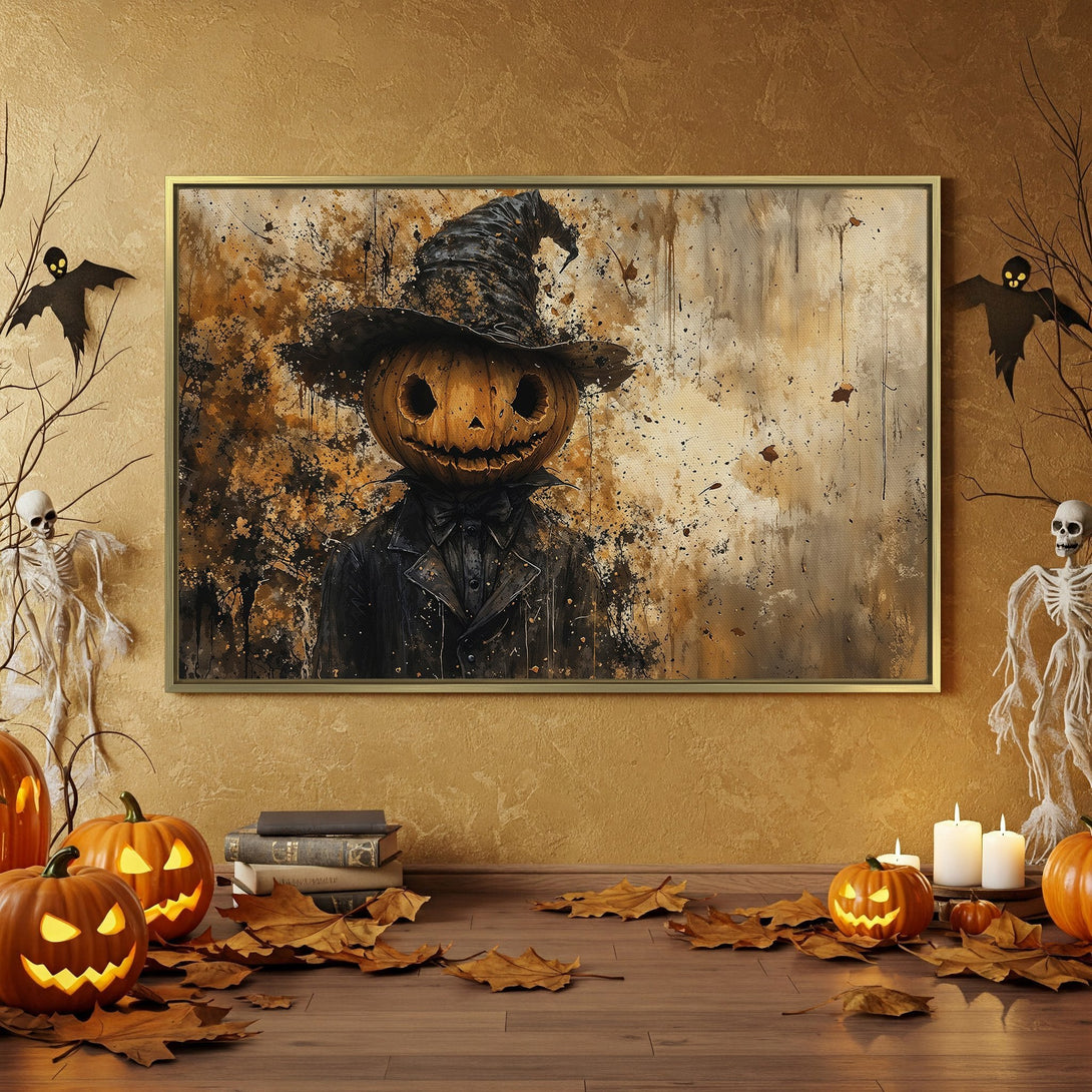 Halloween Canvas Print featuring a pumpkin-headed figure in a dark, moody style. Earthy tones with orange and black accents create a spooky, festive vibe.