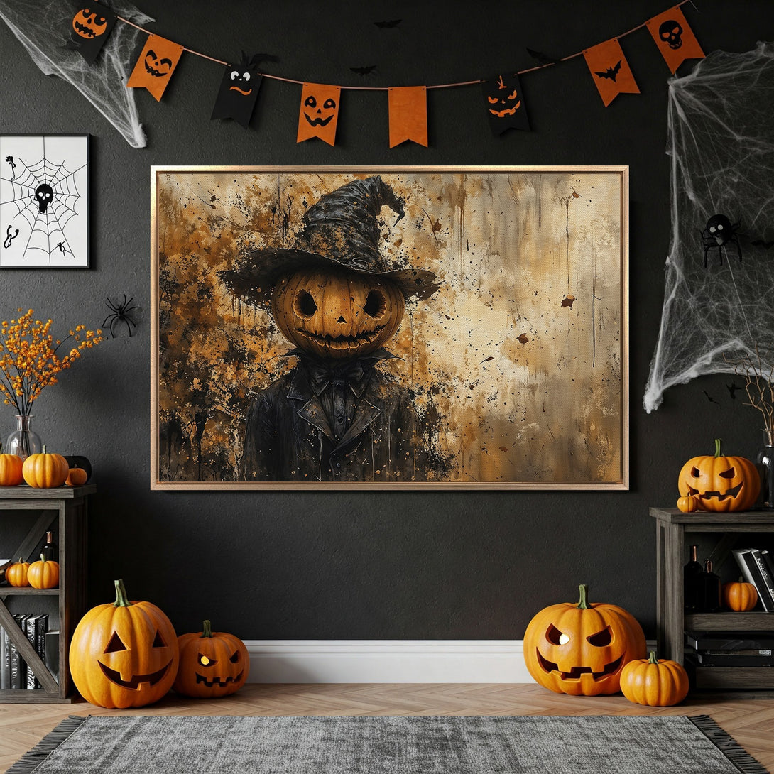 Framed Wall Art: Spooky Halloween pumpkin-head portrait in a dark, moody style with warm orange and brown tones. Perfect for seasonal decor!