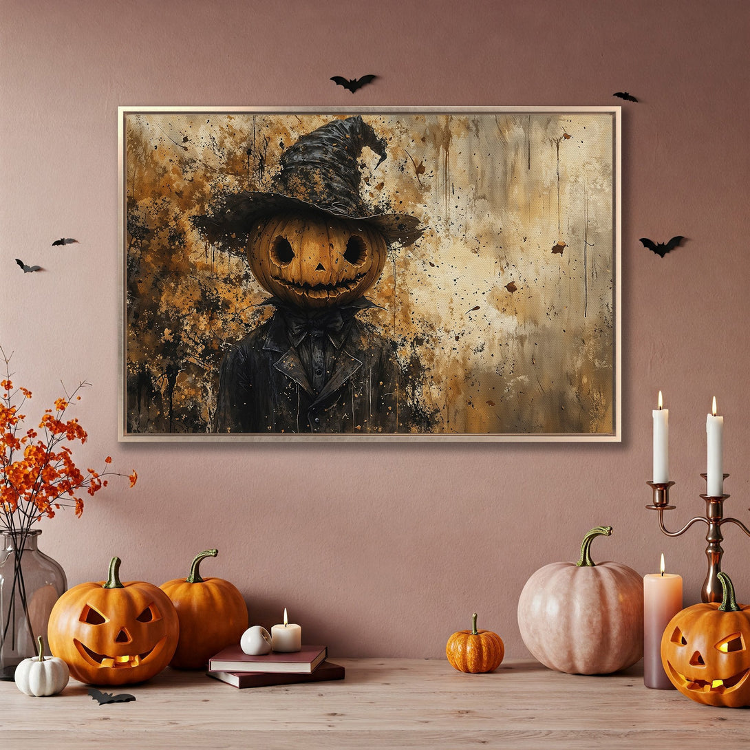 Framed Wall Art: Spooky Halloween pumpkin head art in warm orange and brown tones. Perfect fall decor for your home!