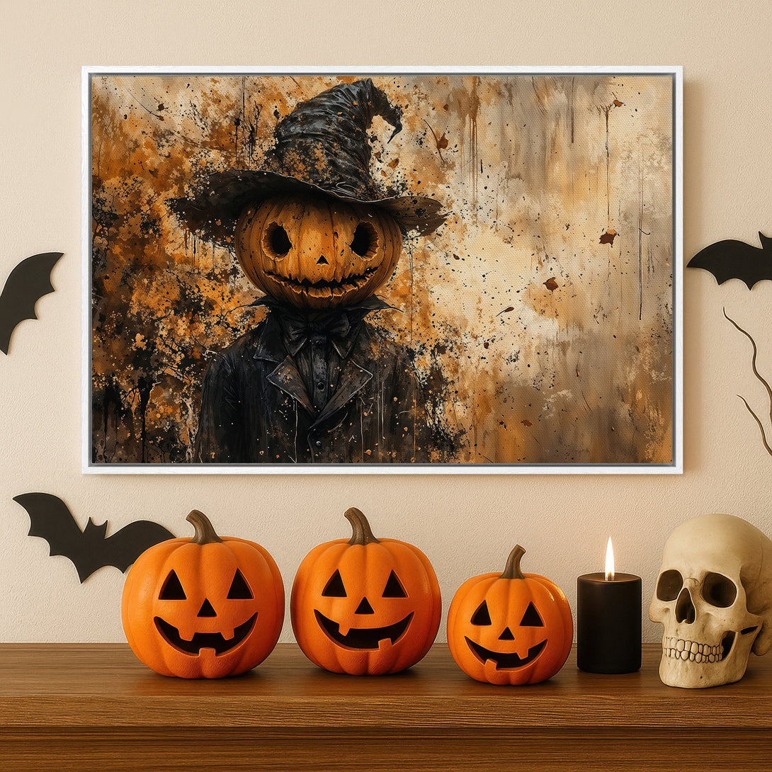 Framed Wall Art: Spooky Halloween pumpkin head art in orange and black. Perfect for fall decor. Add this canvas print to your spooky collection!