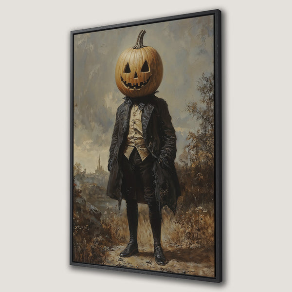 Framed Wall Art: Spooky Halloween art featuring a man with a pumpkin head in a vintage style with a muted, earthy color palette. Perfect for fall decor!