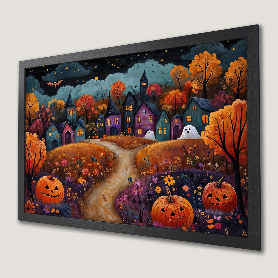Framed Poster featuring a whimsical Halloween village scene. Vibrant orange, purple, and blue color palette. Perfect spooky decor!