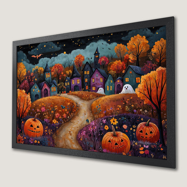 Framed Poster featuring a whimsical Halloween village scene. Vibrant orange, purple, and blue color palette. Perfect spooky decor!