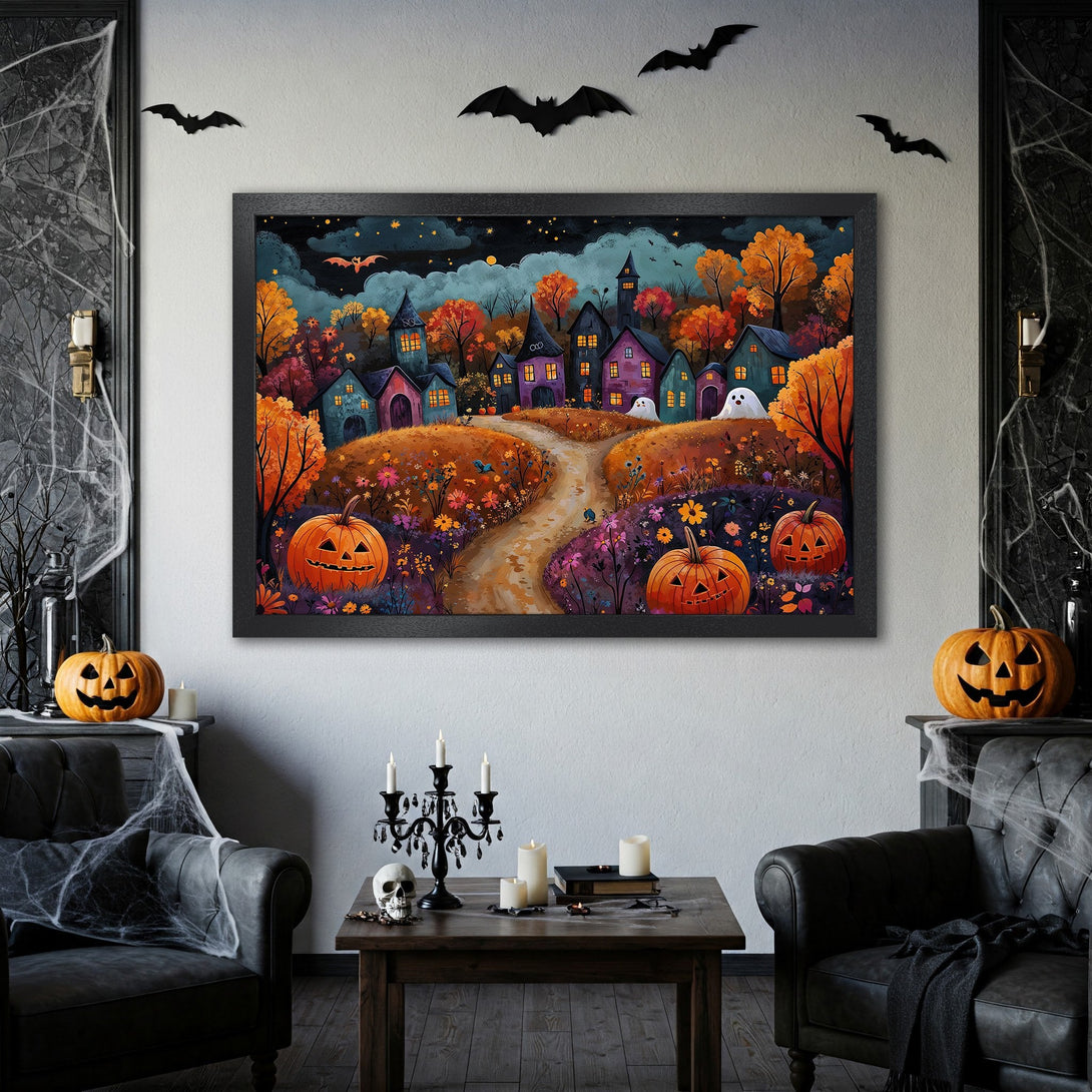 Framed Poster featuring a whimsical Halloween village scene with pumpkins, ghosts, and colorful autumn trees. Warm orange, purple, and blue palette.
