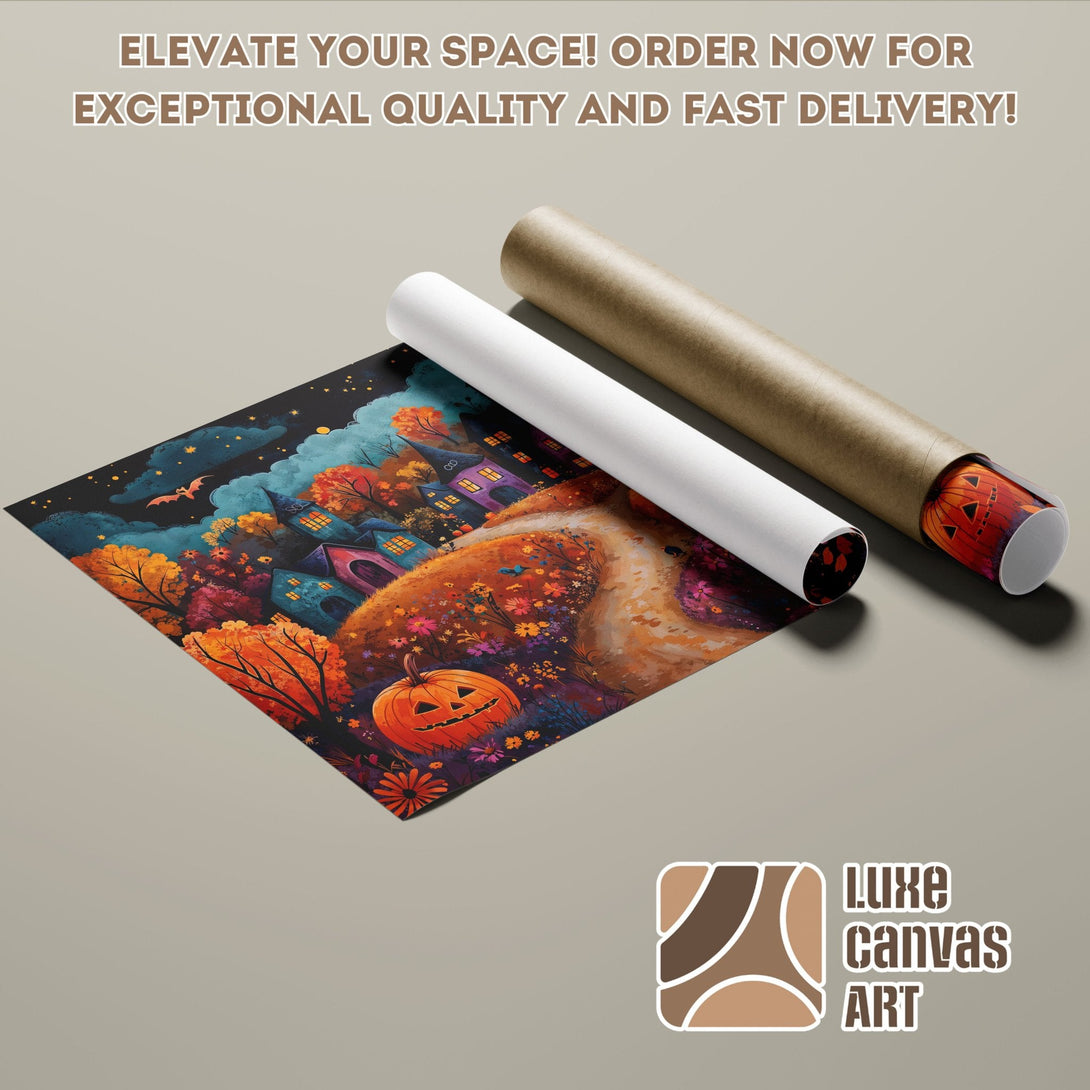 Halloween Poster Roll featuring a whimsical autumn scene in vibrant orange, blue, and purple tones. Order now!