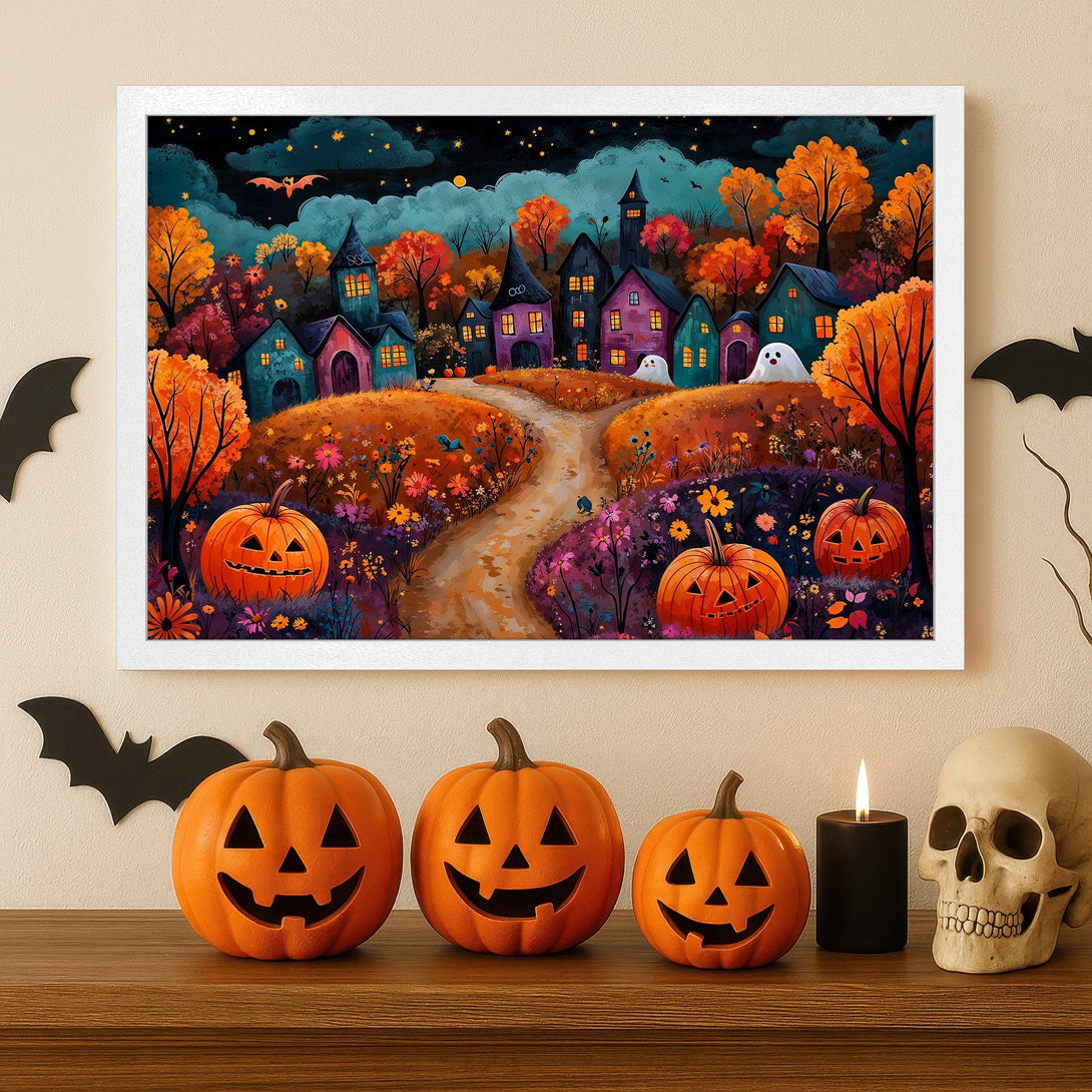 Framed Poster of a whimsical Halloween scene with pumpkins, houses, and colorful trees. Vibrant autumn palette. Perfect spooky decor!