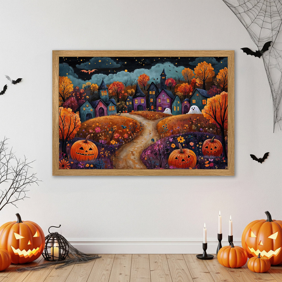 Framed Poster featuring a whimsical Halloween village scene with pumpkins, in warm orange, purple, and blue tones. Perfect fall decor!