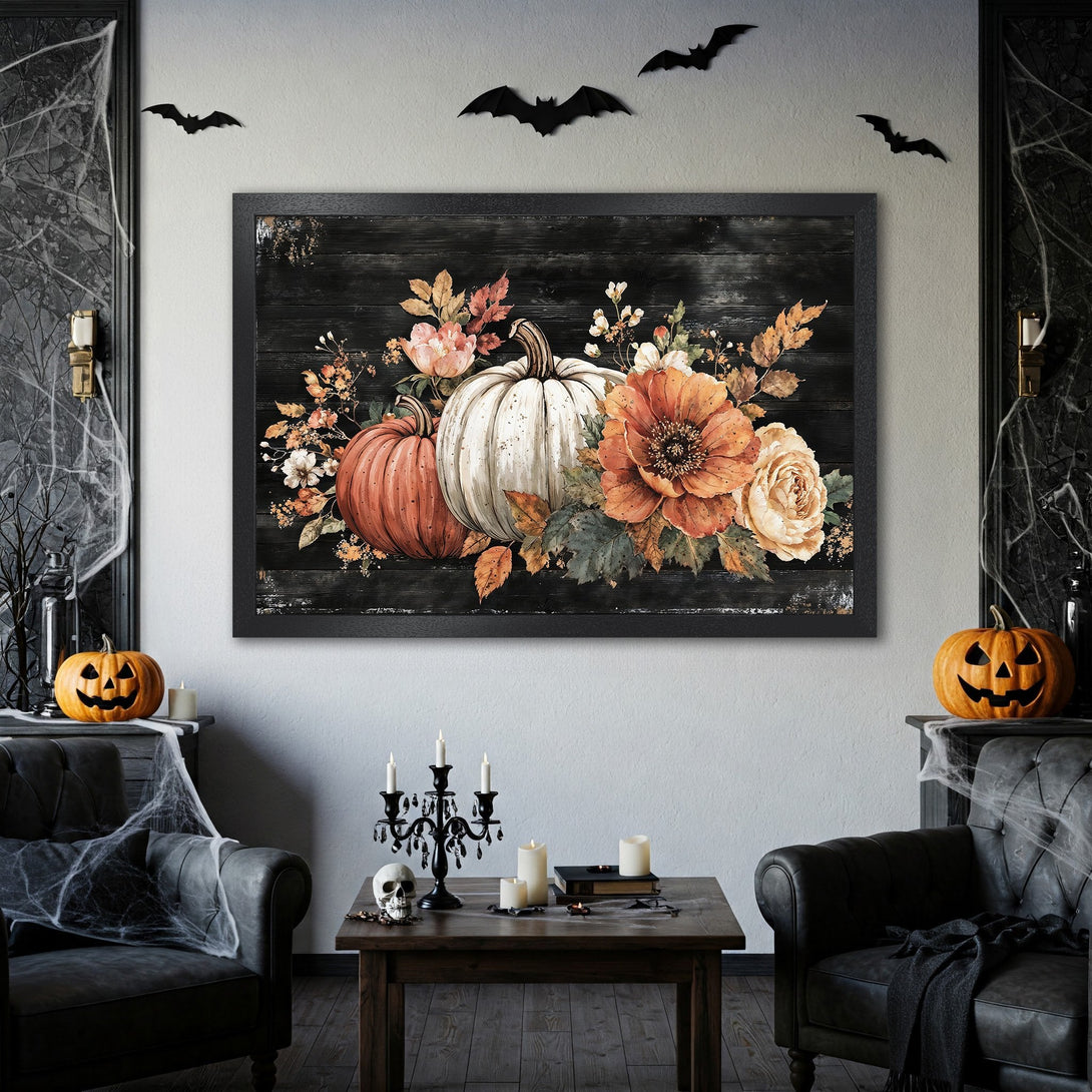Framed Poster featuring a floral pumpkin design in vintage style, with a warm, autumnal color palette. Perfect Halloween decor!