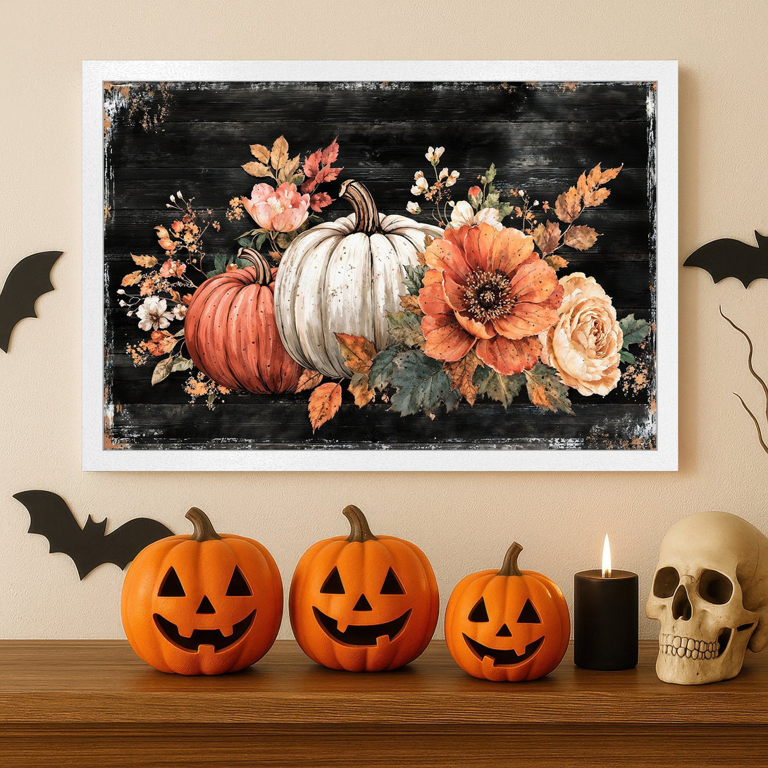 Framed Poster featuring pumpkins & flowers in watercolor style, with an autumn color palette. Perfect Halloween decor!