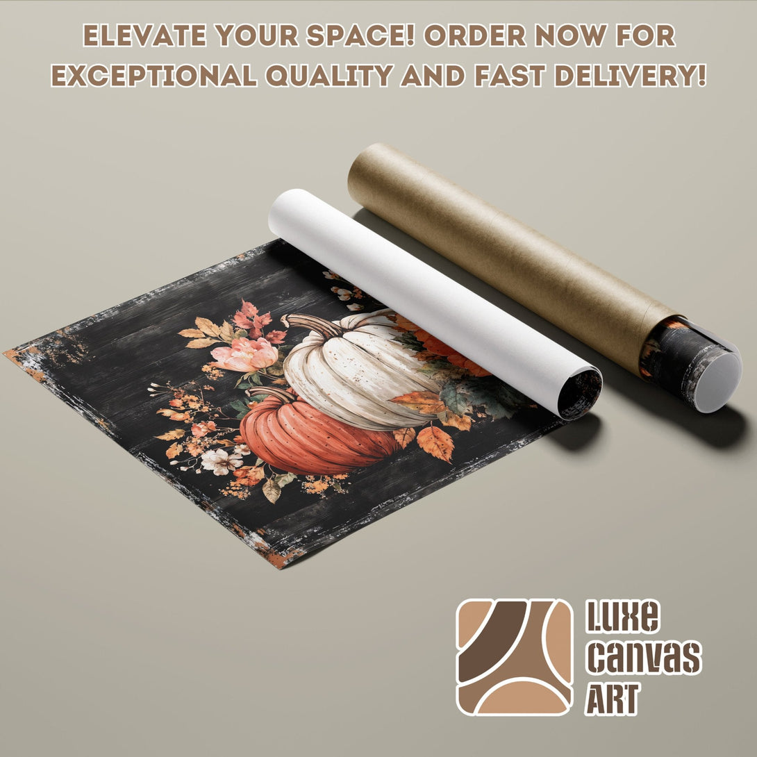 Poster Roll featuring pumpkins and floral art in a rustic style, warm color palette. Elevate your space!