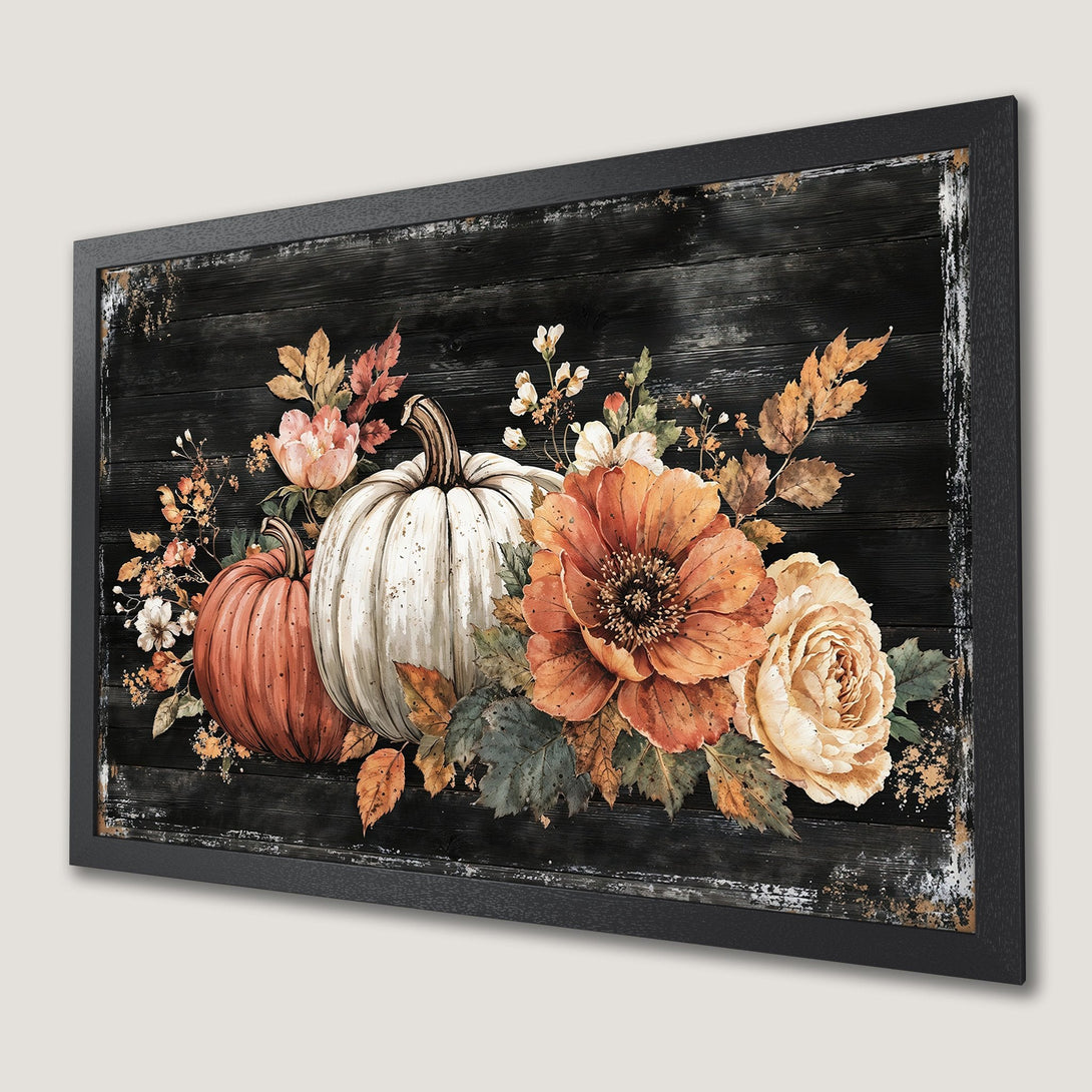 Framed Poster featuring watercolor pumpkins and florals on a rustic black wood background. Autumnal style, warm orange, cream, and brown color palette.