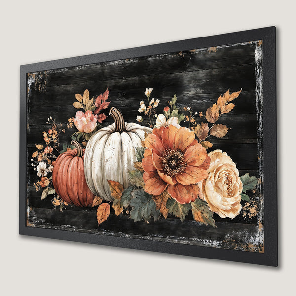 Framed Poster featuring watercolor pumpkins and florals on a rustic black wood background. Autumnal style, warm orange, cream, and brown color palette.